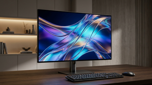 27-inch desktop monitor displaying a vibrant high-resolution image in a modern workspace