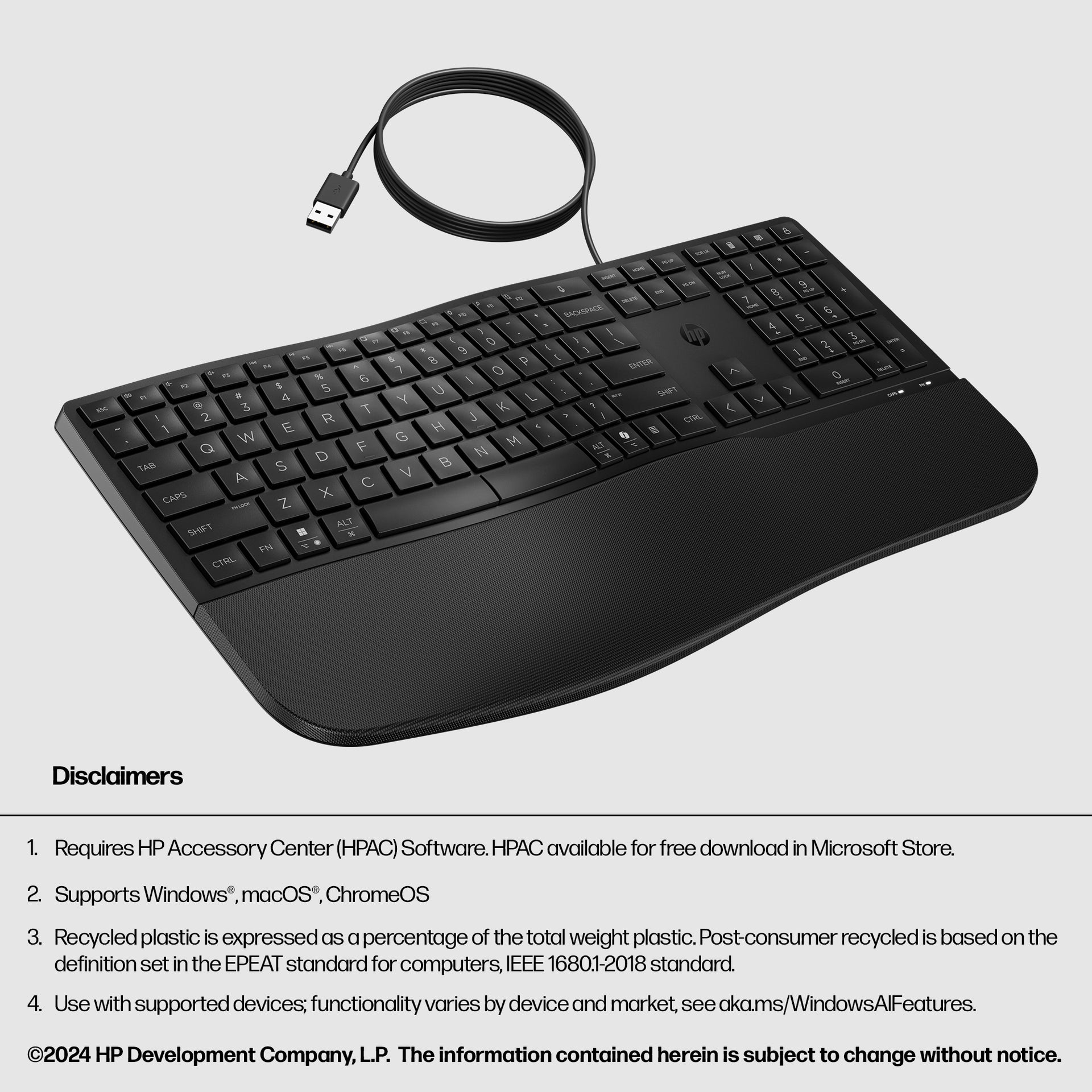 HP 485 Comfort Wired Keyboard with Quiet Keycaps and Wrist Rest - Image 3