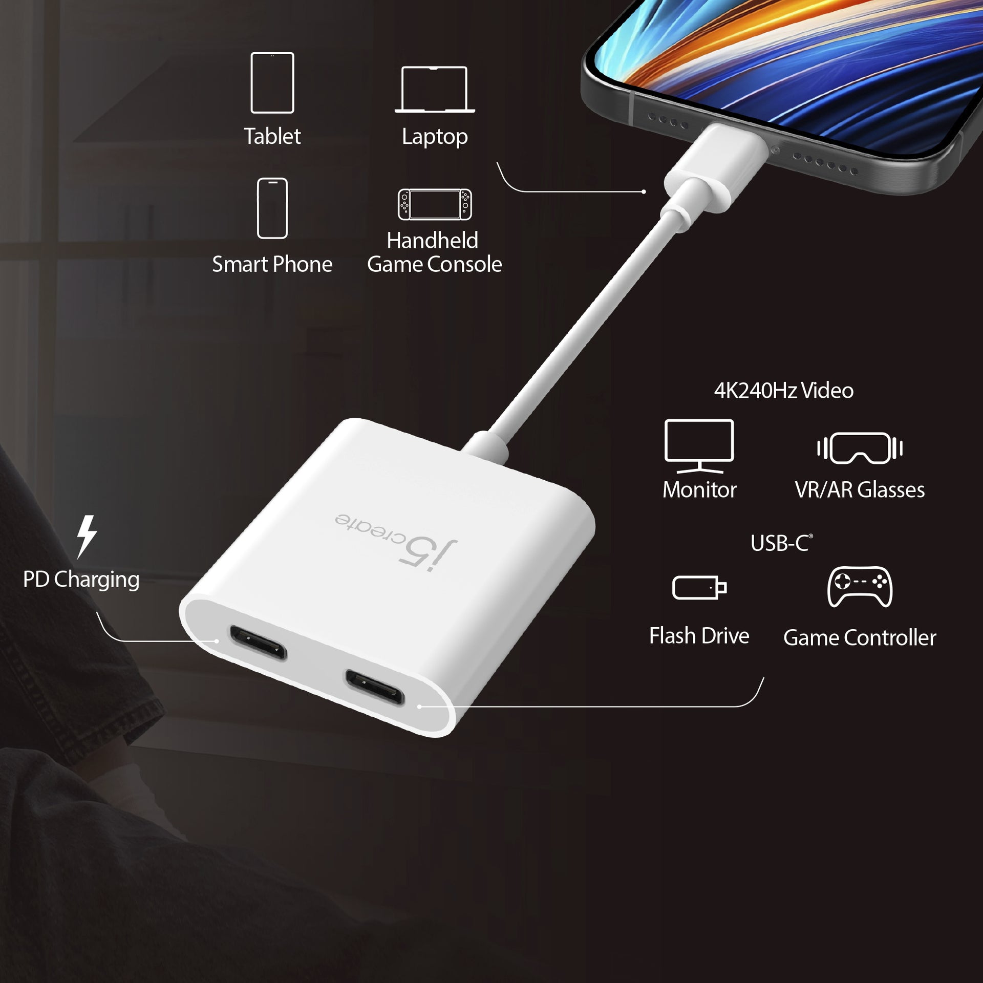 j5create USB-C to Dual USB-C Adapter with 4K Video and Power Delivery - Image 8