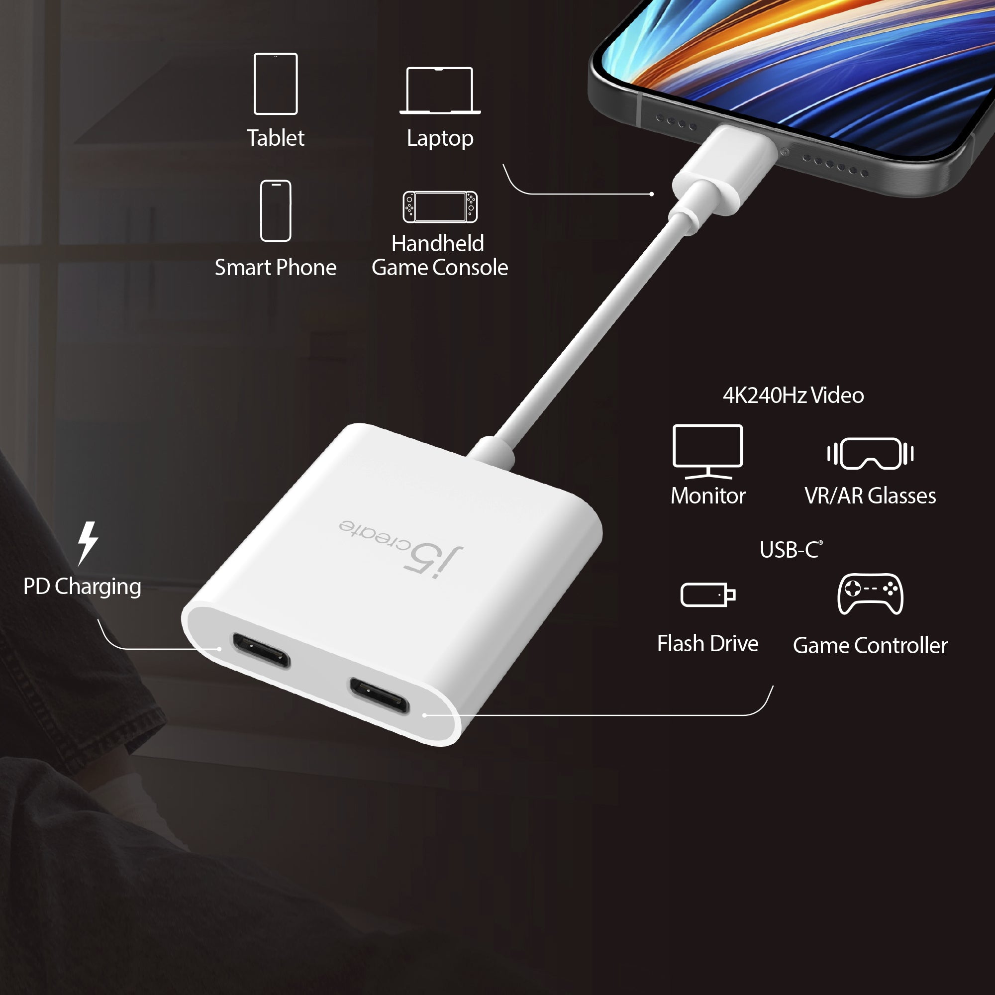j5create USB-C to Dual USB-C Adapter with 4K Video and Power Delivery - Image 8