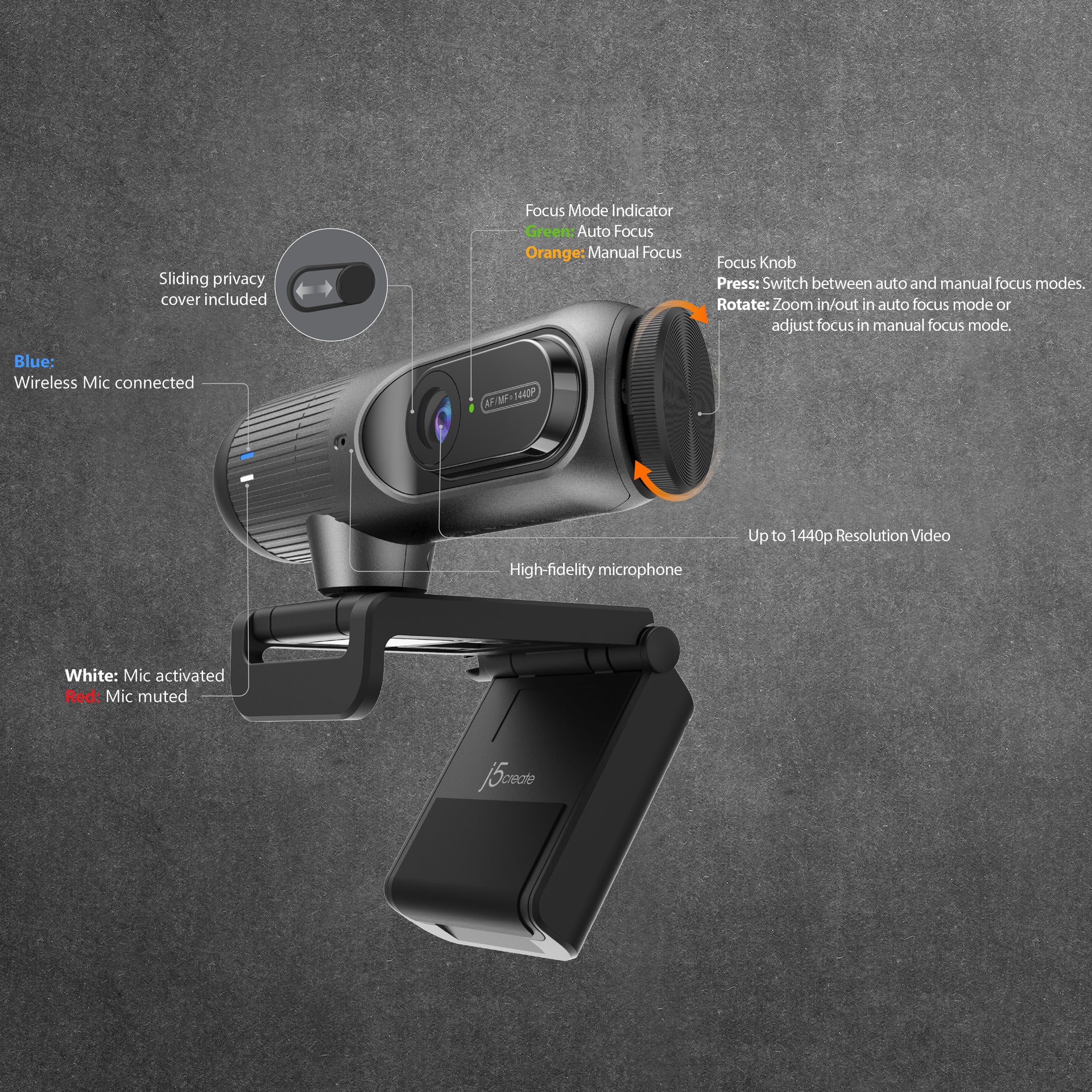 j5create JVU302 2K AI-Powered Webcam with Auto-Focus and High-Fidelity Microphone - Image 8
