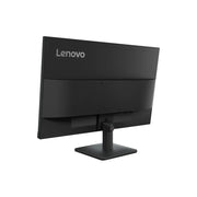 A Lenovo computer monitor shown from a three-quarters angle, displaying its matte black bezel, stand, and backplate against a solid white background.