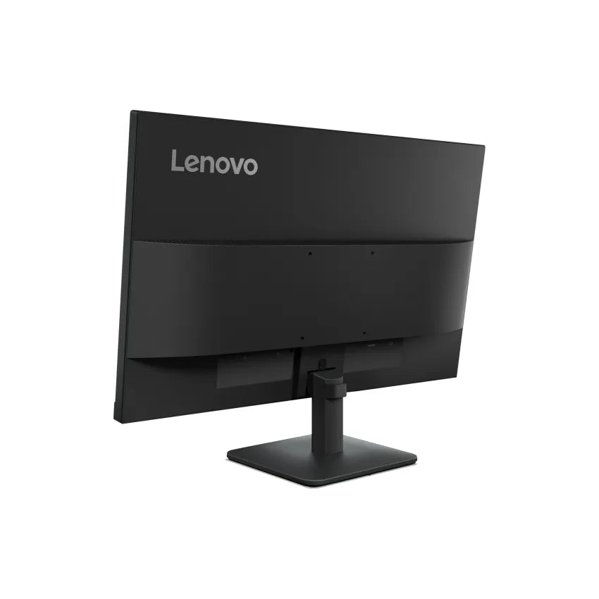 A Lenovo computer monitor shown from a three-quarters angle, displaying its matte black bezel, stand, and backplate against a solid white background.