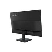 A black Lenovo computer monitor shown from a three-quarters angle, displaying its back panel and stand against a plain white background.