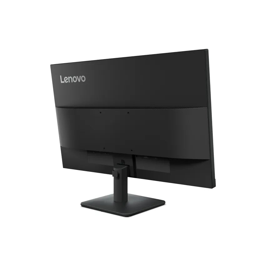 A black Lenovo computer monitor shown from a three-quarters angle, displaying its back panel and stand against a plain white background.