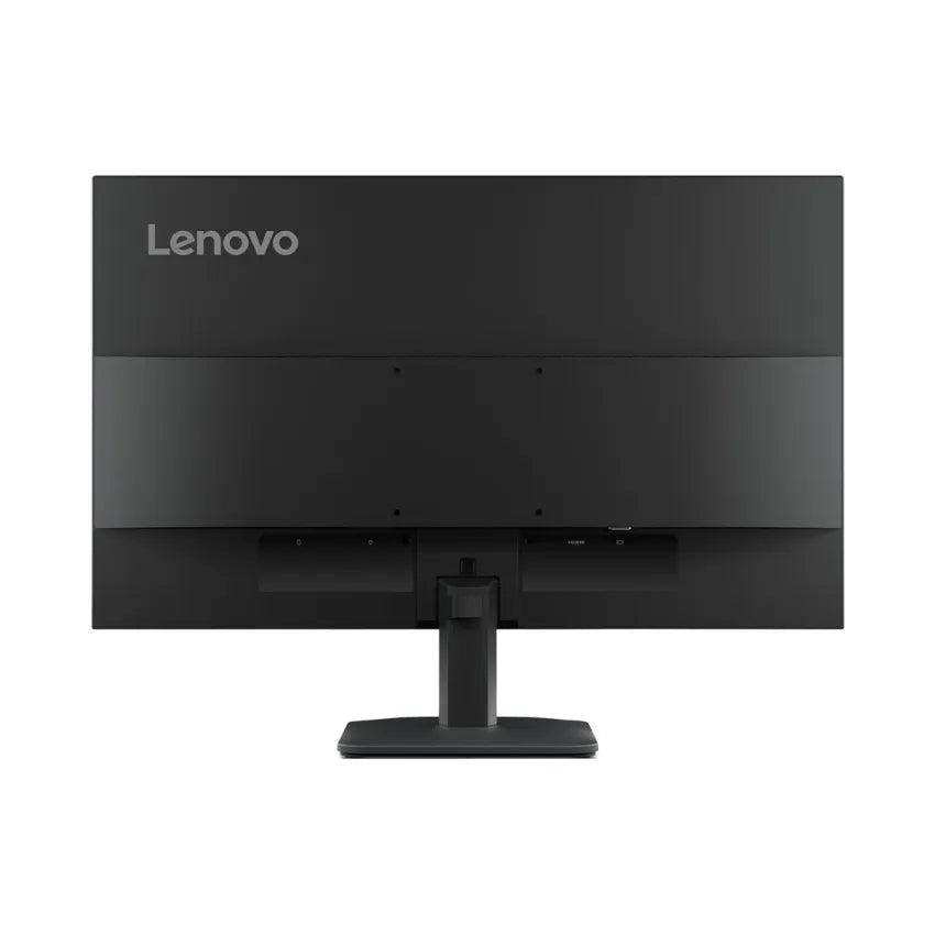 The back view of a black Lenovo computer monitor with its stand, shown against a plain white background.