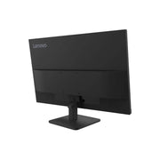 A black Lenovo computer monitor shown from a three-quarters angle, displaying its back panel and stand against a plain white background.