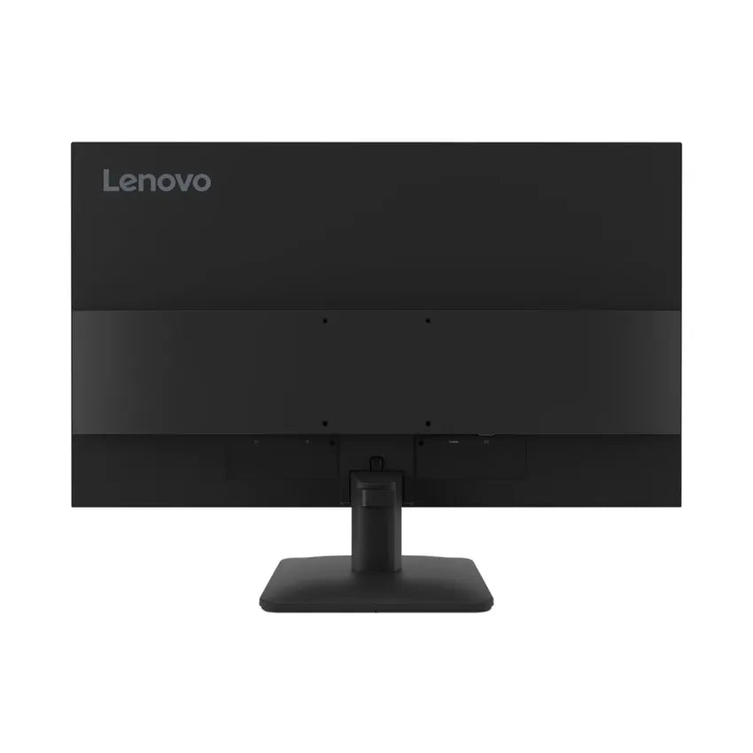 The back view of a black Lenovo computer monitor with a stand, shown on a plain white background.
