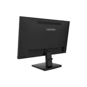 A black Lenovo computer monitor shown from the back angle, featuring a slim stand and a clean white background.