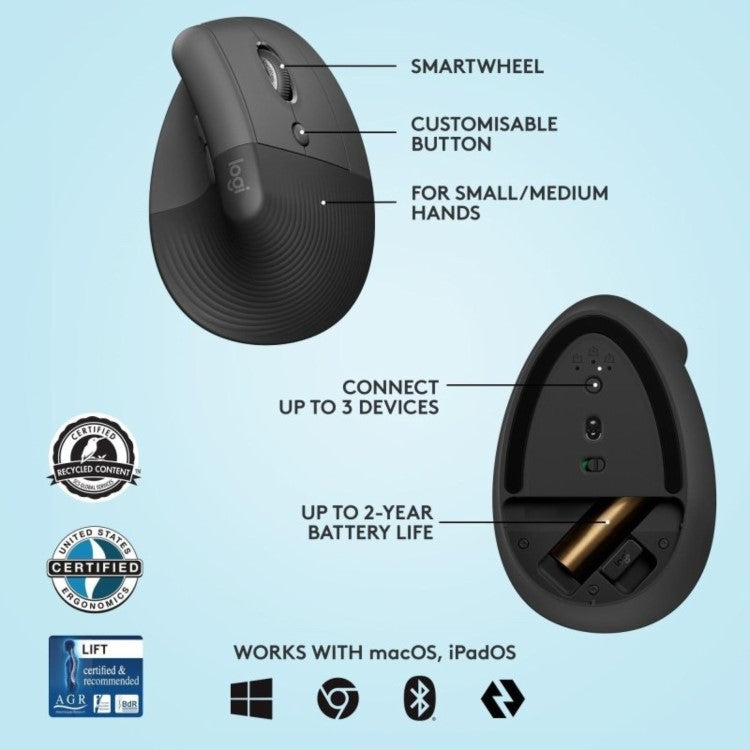 Logitech Lift Right Vertical Ergo Mouse Graphite/Black Wired Mouse