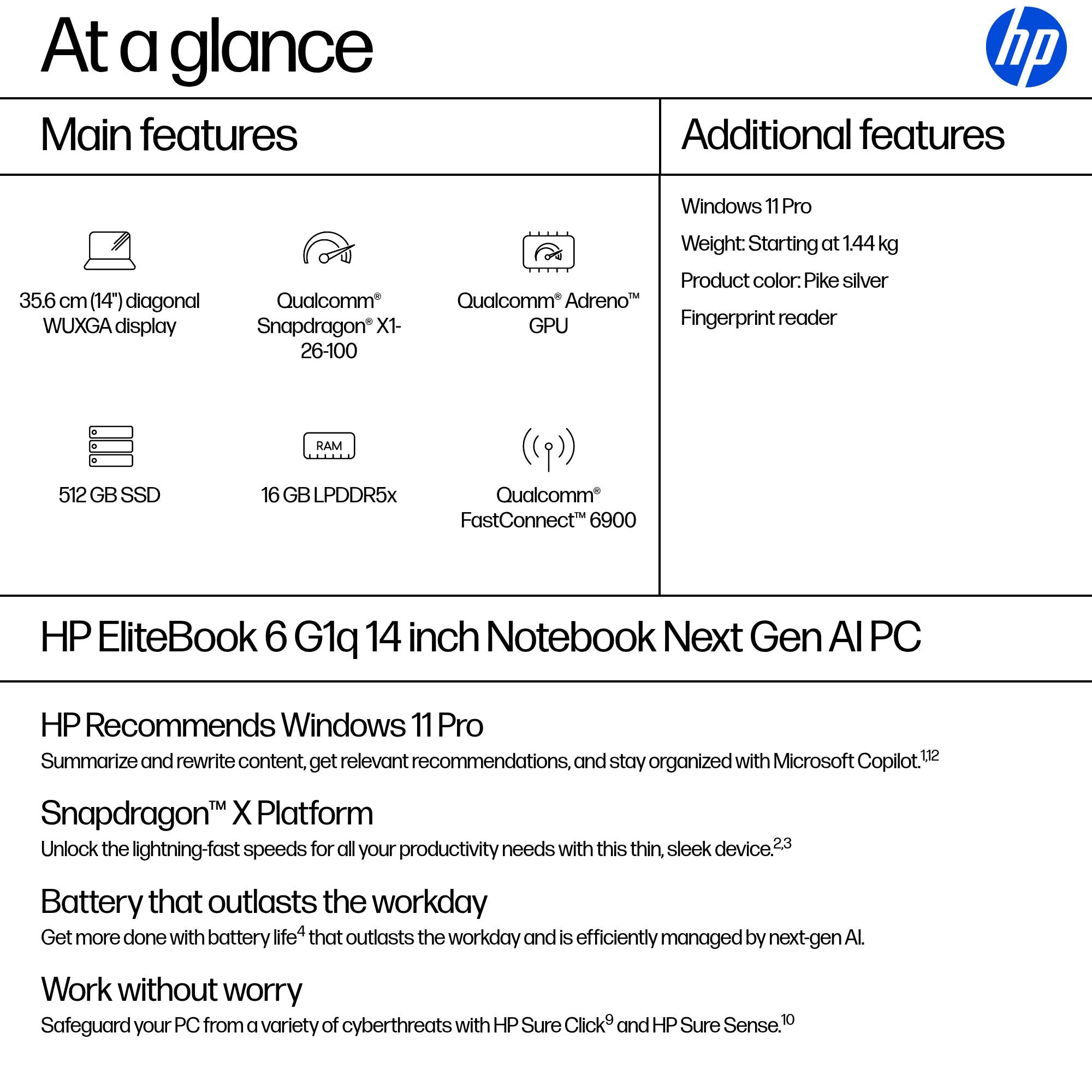HP X1-26-100 Snapdragon X 16GB RAM 512GB SSD Qualcomm Adreno Graphics 14" WUXGA Windows 11 Pro - Image 4