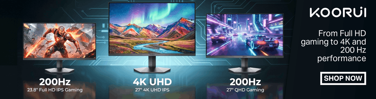 Promotional banner for Koorui 4K UHD gaming monitors showing three monitor screens with gaming artwork and text highlighting 200Hz and 4K UHD performance.