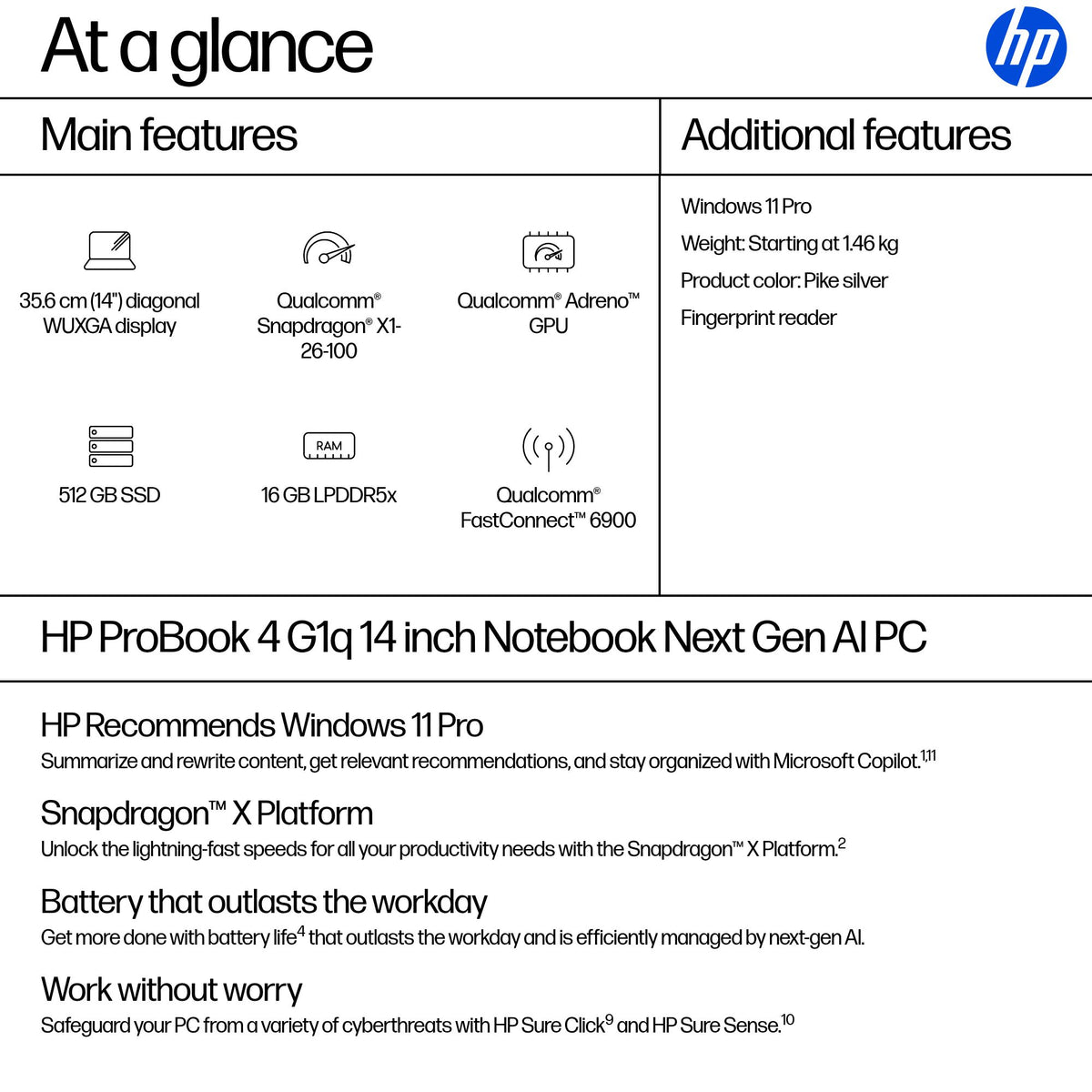 HP X1-26-100 Qualcomm Snapdragon X 16GB RAM 512GB SSD 14" WUXGA Windows 11 Pro - Image 3