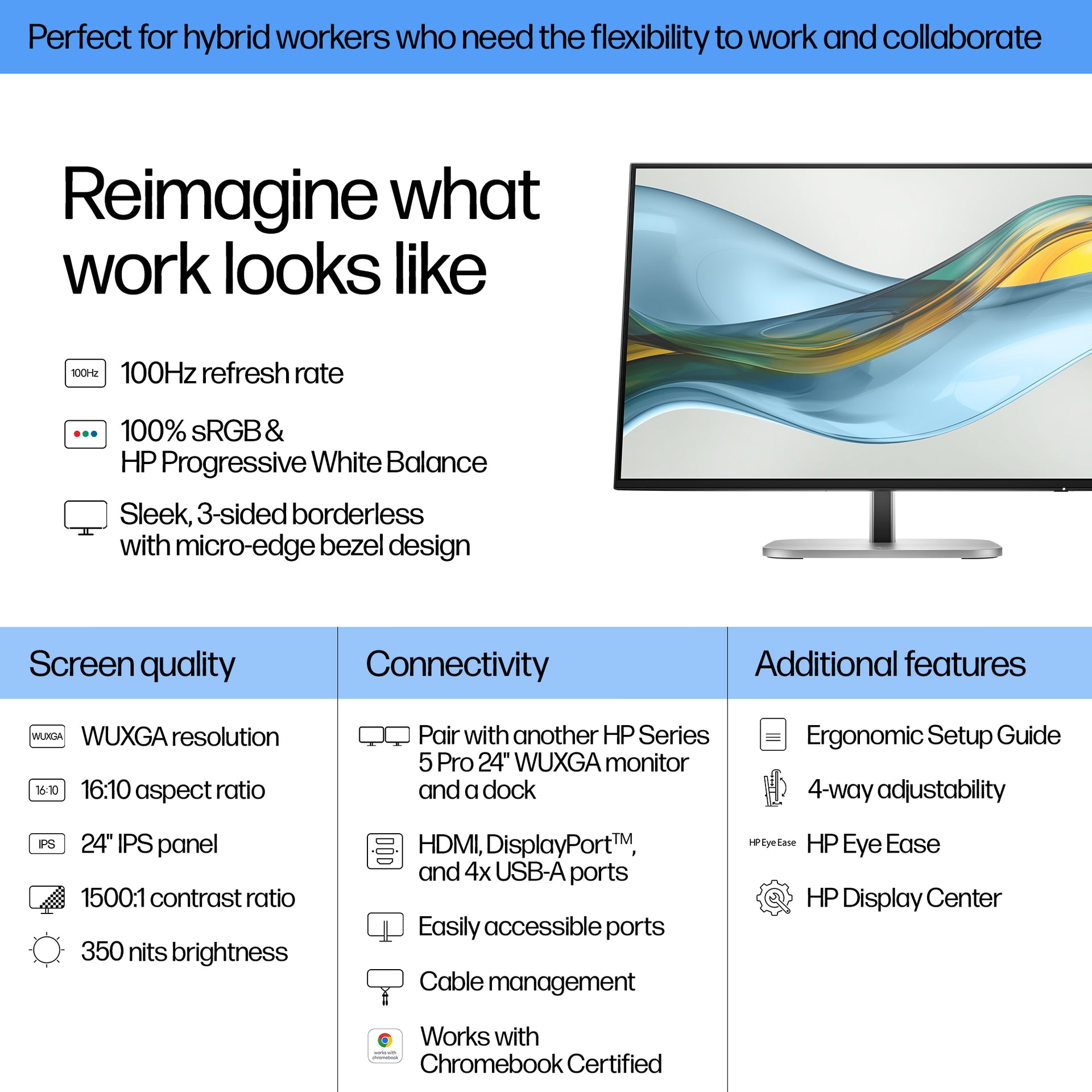 HP 524pn Series 5 Pro 24" WUXGA Monitor IPS Panel 100Hz - Image 3