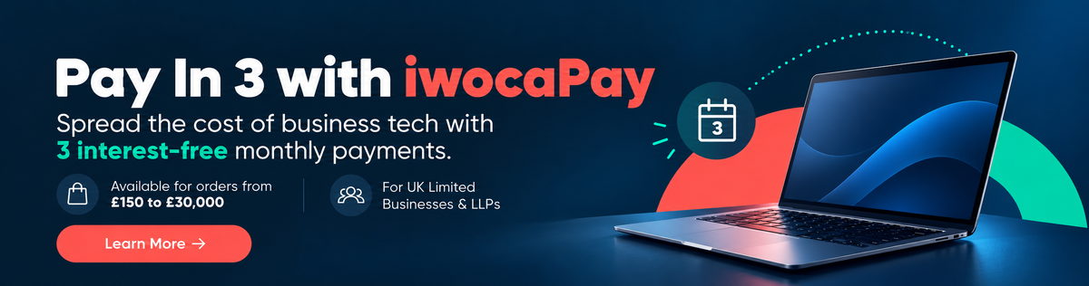 Promotional banner for iwocaPay offering business tech payment spread over 3 interest-free monthly payments. The graphic features a dark blue background with a laptop on the right, white and orange text, and abstract red and teal curved shapes.