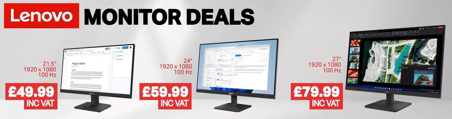 Lenovo monitor deals promotional banner showing three computer monitor screens with price callouts in pounds and red Lenovo branding at the top left.